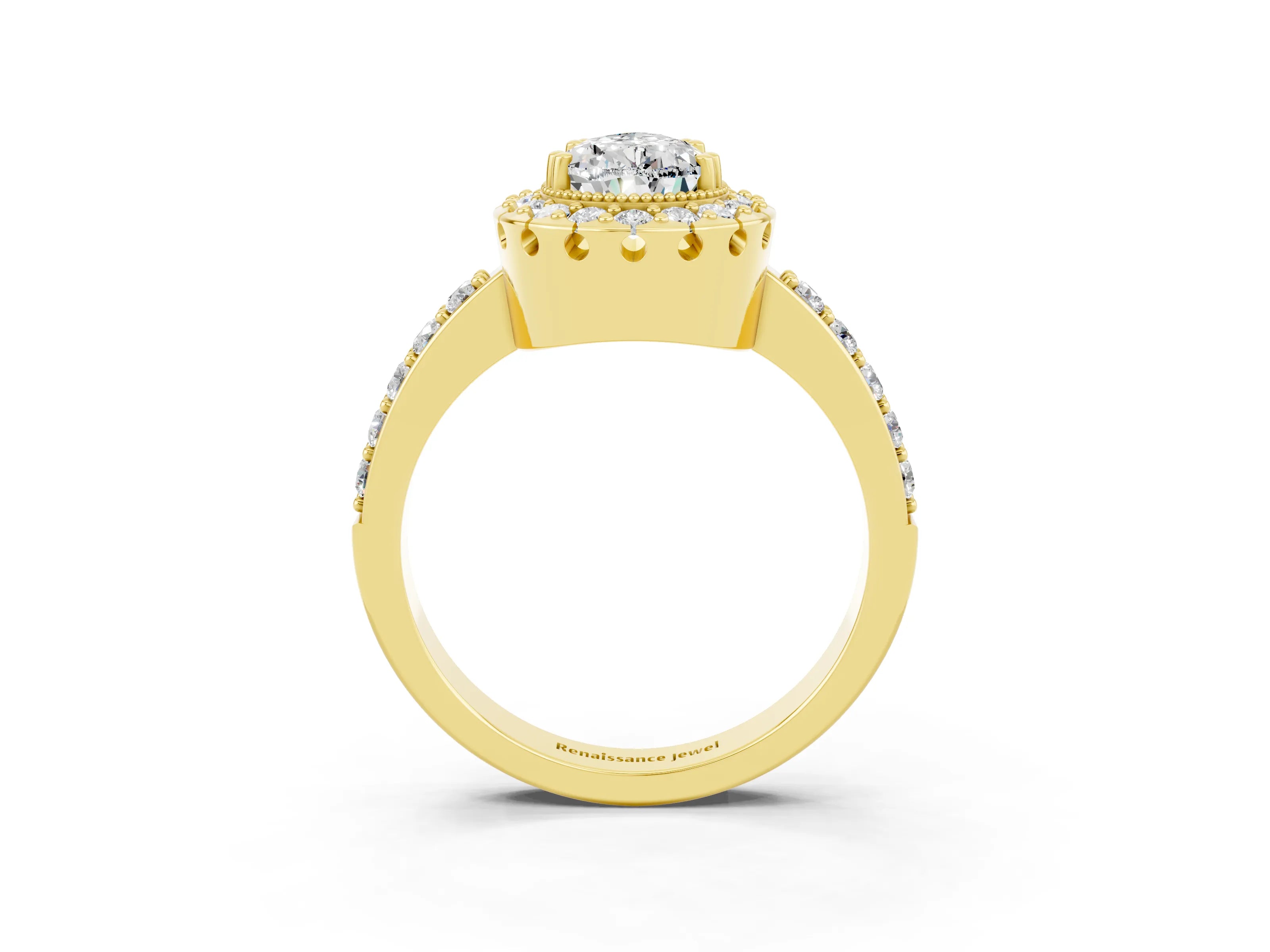 Yellow gold Pear Cut Moissanite Halo Ring with Pavé Band and Prong Setting_3