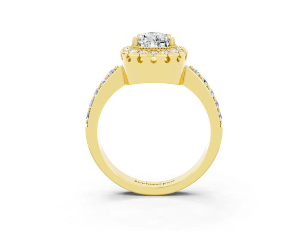 Yellow gold Pear Cut Moissanite Halo Ring with Pavé Band and Prong Setting