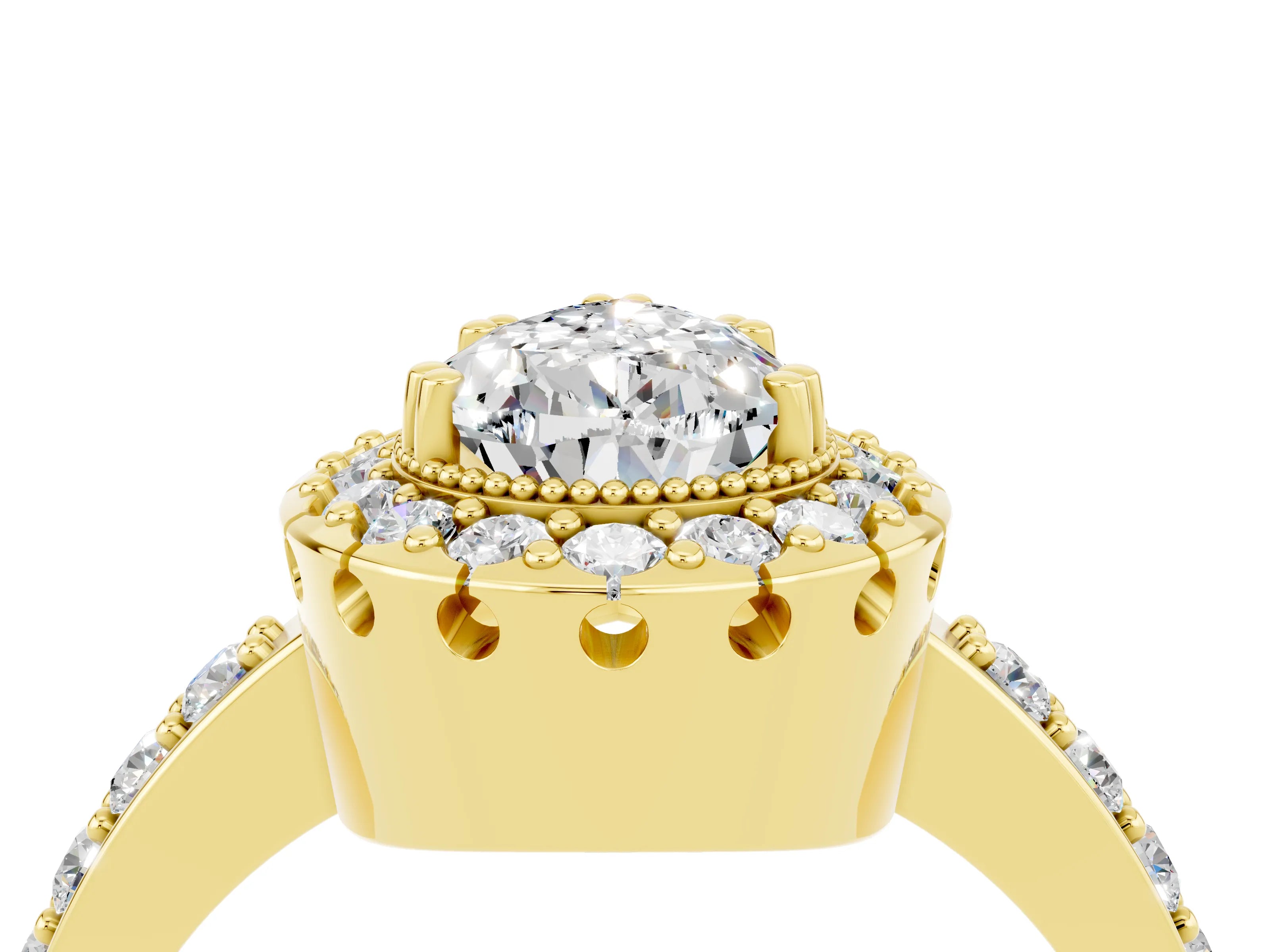 Yellow gold Pear Cut Moissanite Halo Ring with Pavé Band and Prong Setting_4