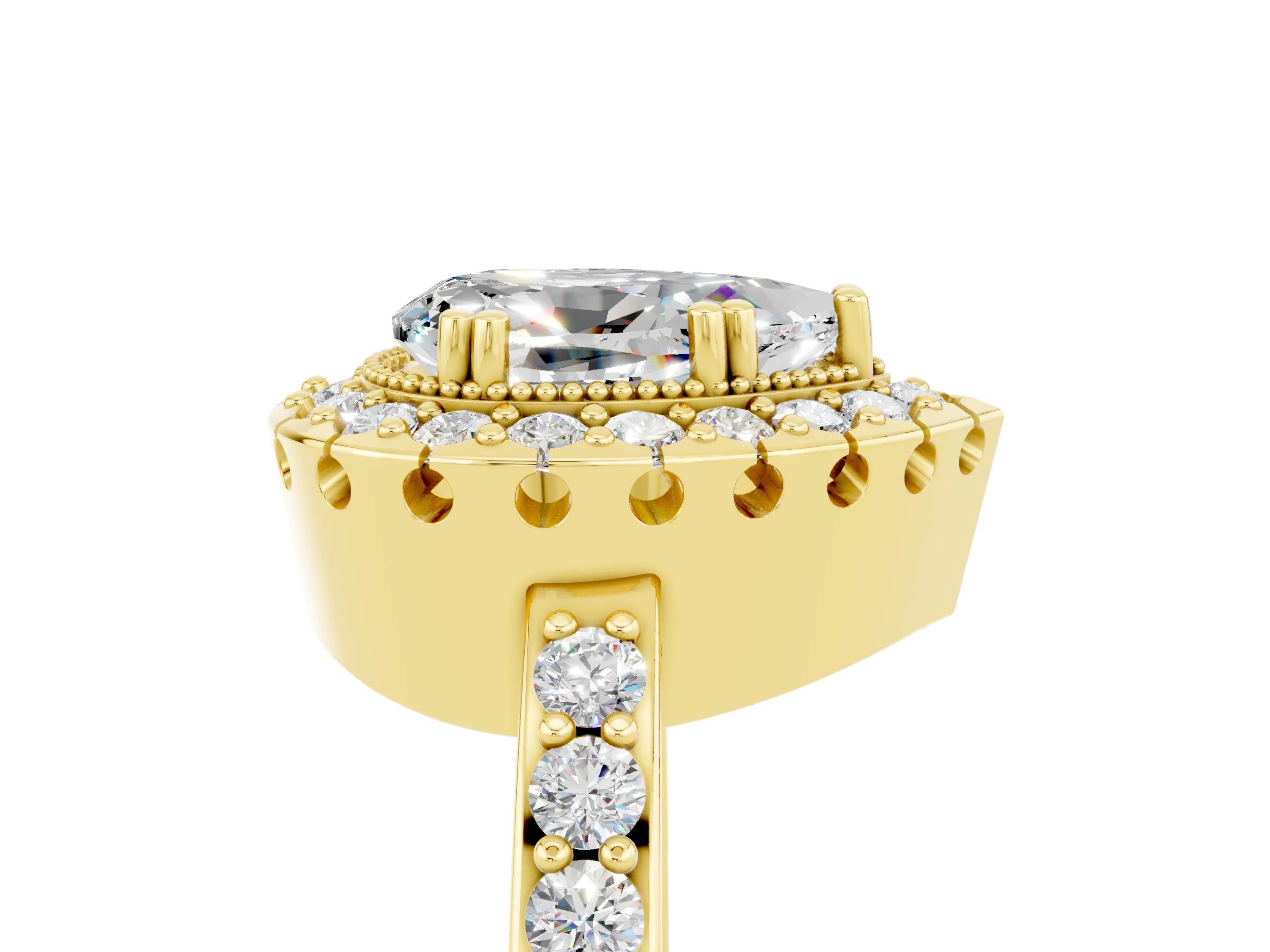 Yellow gold Pear Cut Moissanite Halo Ring with Pavé Band and Prong Setting_5