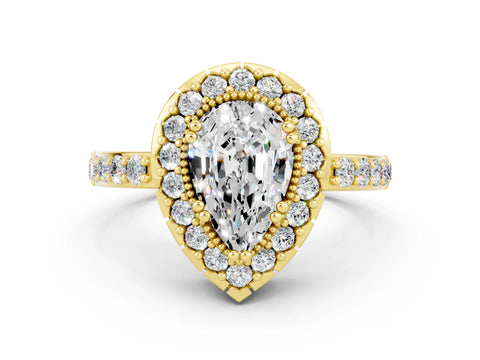 Yellow gold Pear Cut Moissanite Halo Ring with Pavé Band and Prong Setting
