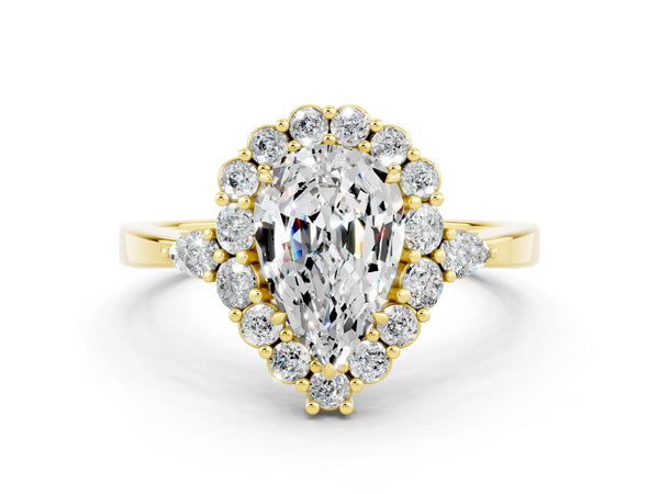 Yellow gold Pear Cut Moissanite Halo Ring with Pear Side Stones and Prong Setting