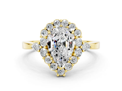 Yellow gold Pear Cut Moissanite Halo Ring with Pear Side Stones and Prong Setting_12