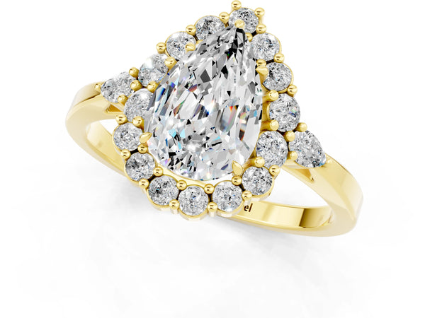 Yellow gold Pear Cut Moissanite Halo Ring with Pear Side Stones and Prong Setting
