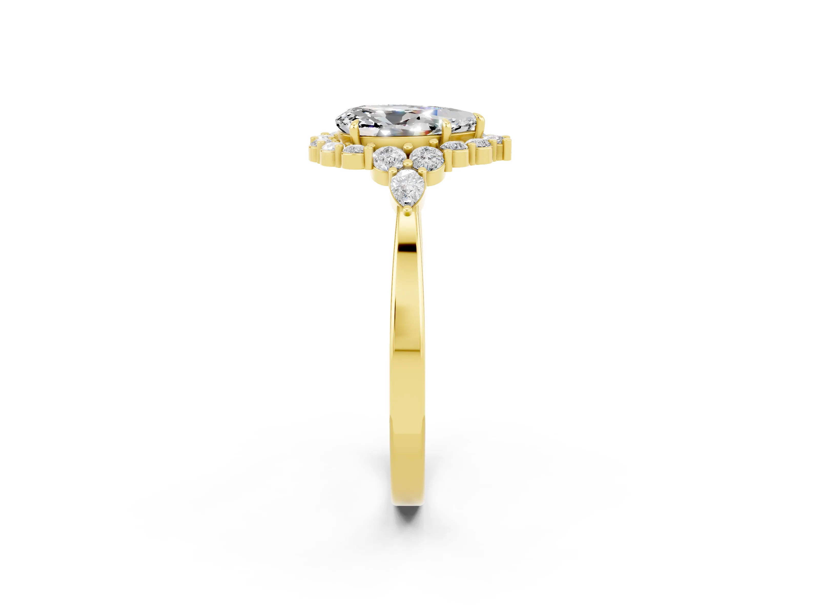Yellow gold Pear Cut Moissanite Halo Ring with Pear Side Stones and Prong Setting_14