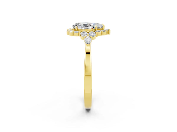 Yellow gold Pear Cut Moissanite Halo Ring with Pear Side Stones and Prong Setting