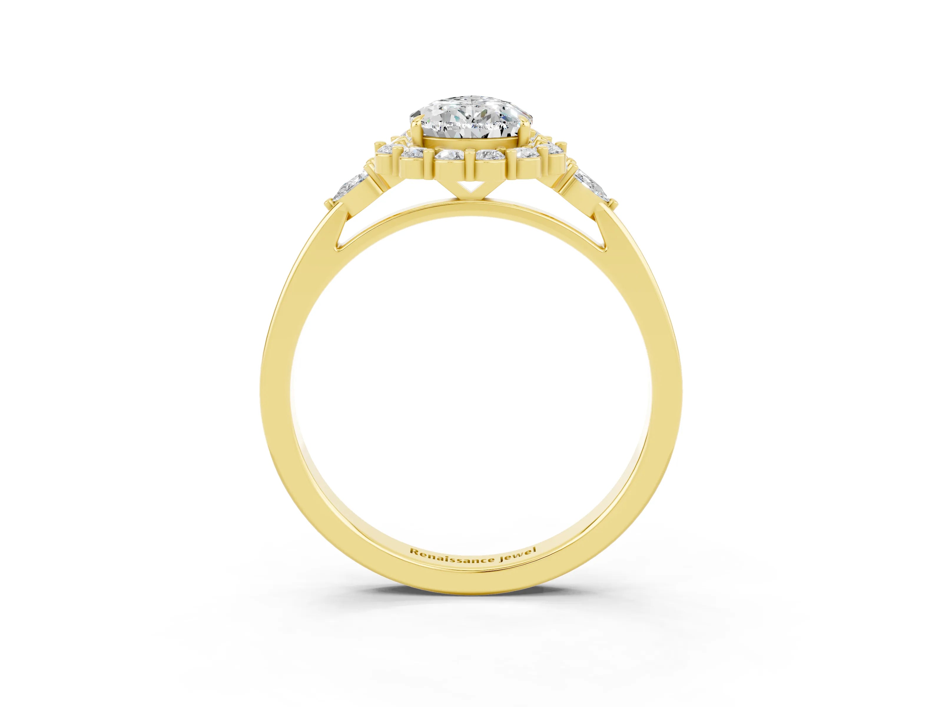 Yellow gold Pear Cut Moissanite Halo Ring with Pear Side Stones and Prong Setting_15