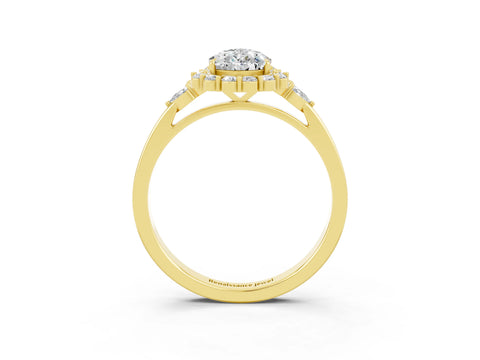 Yellow gold Pear Cut Moissanite Halo Ring with Pear Side Stones and Prong Setting_15