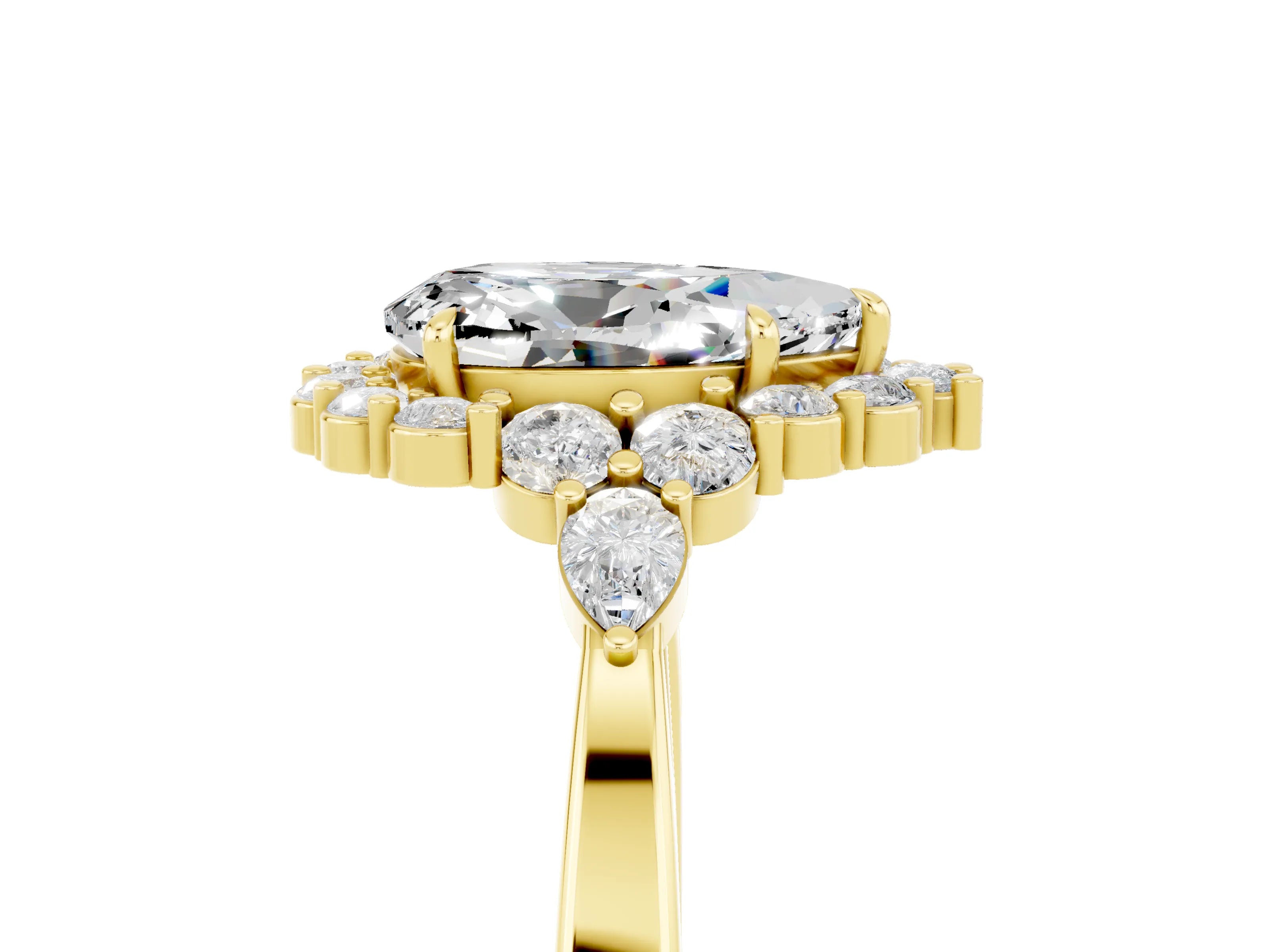 Yellow gold Pear Cut Moissanite Halo Ring with Pear Side Stones and Prong Setting_17