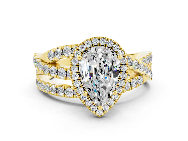 Yellow gold Pear Cut Moissanite Halo Ring with Round Split Shank and Prong Setting