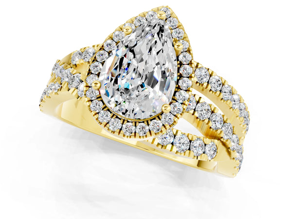 Yellow gold Pear Cut Moissanite Halo Ring with Round Split Shank and Prong Setting