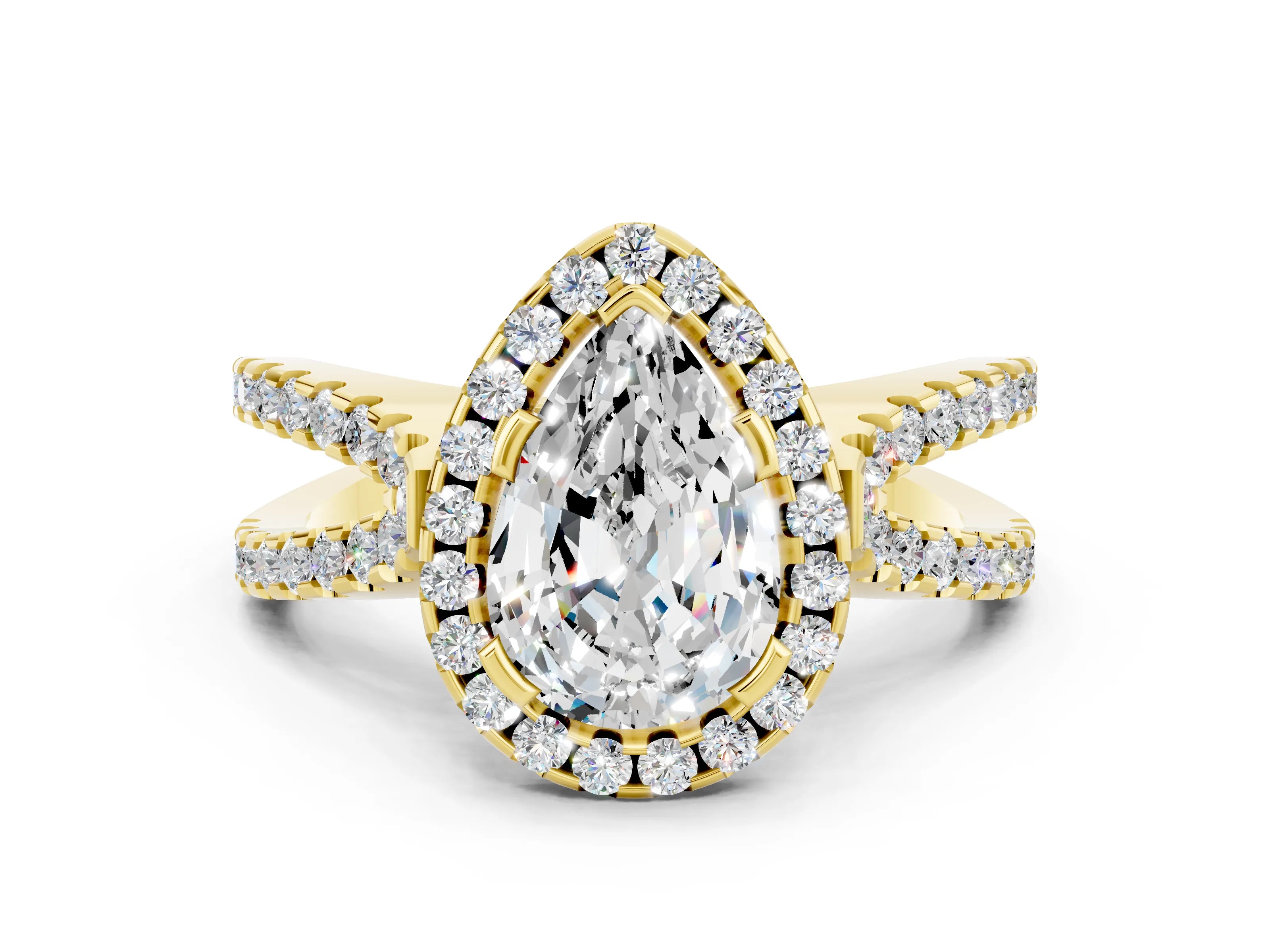 Yellow gold Pear Cut Moissanite Halo Ring with Split Shank Pavé Band and Prong Setting