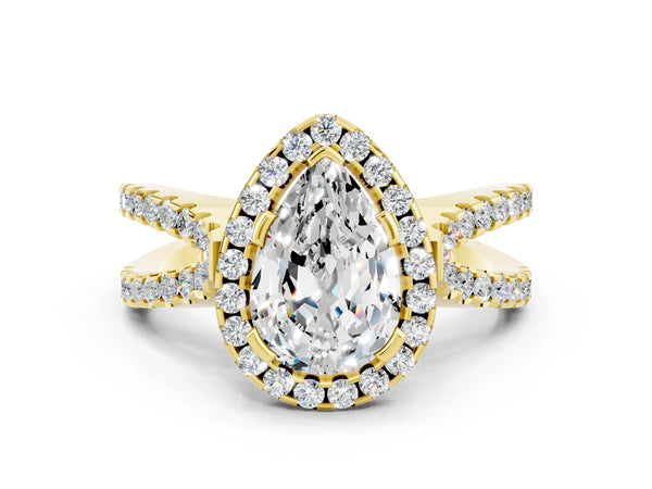 Yellow gold Pear Cut Moissanite Halo Ring with Split Shank Pavé Band and Prong Setting