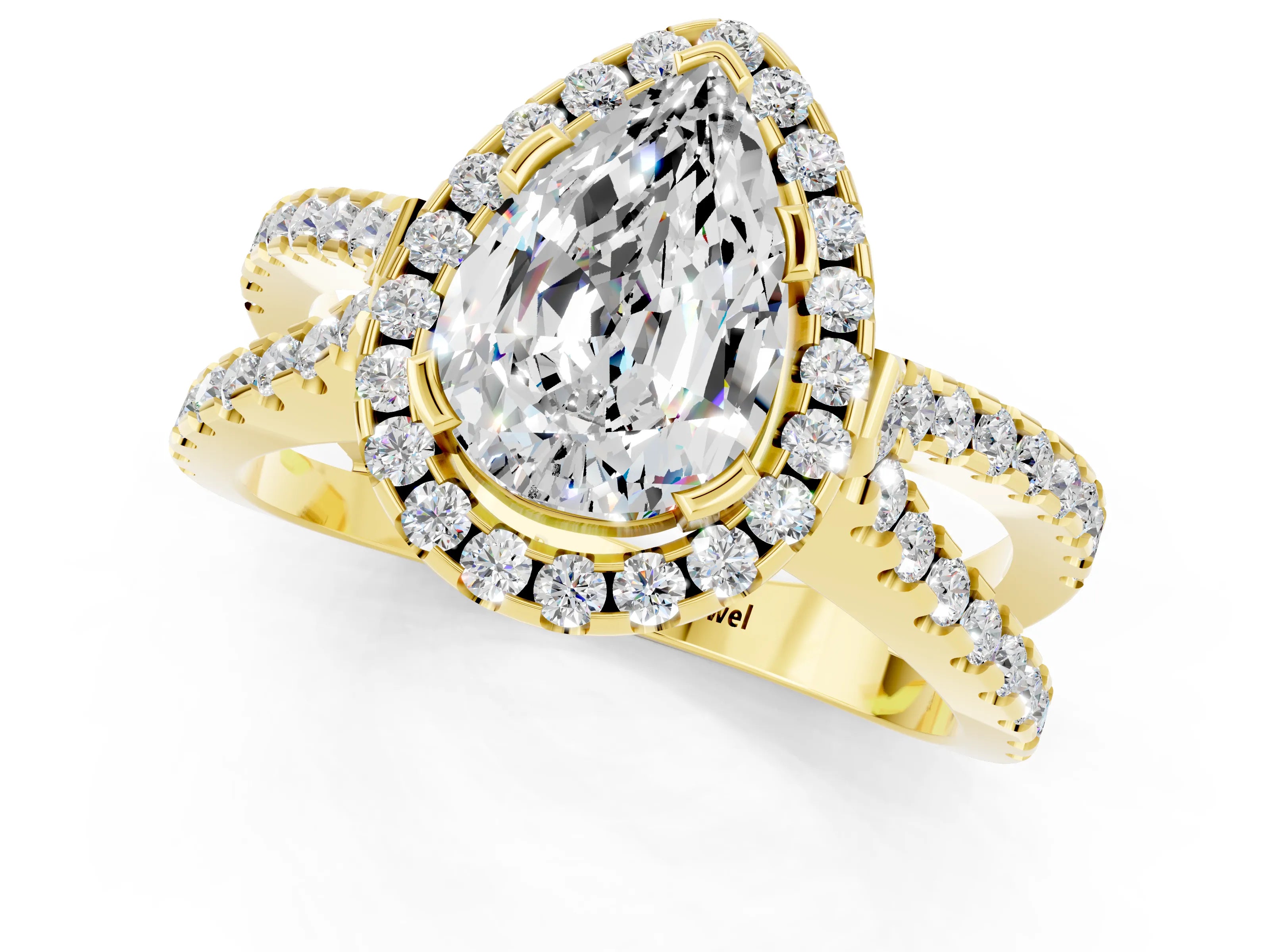 Yellow gold Pear Cut Moissanite Halo Ring with Split Shank Pavé Band and Prong Setting_1