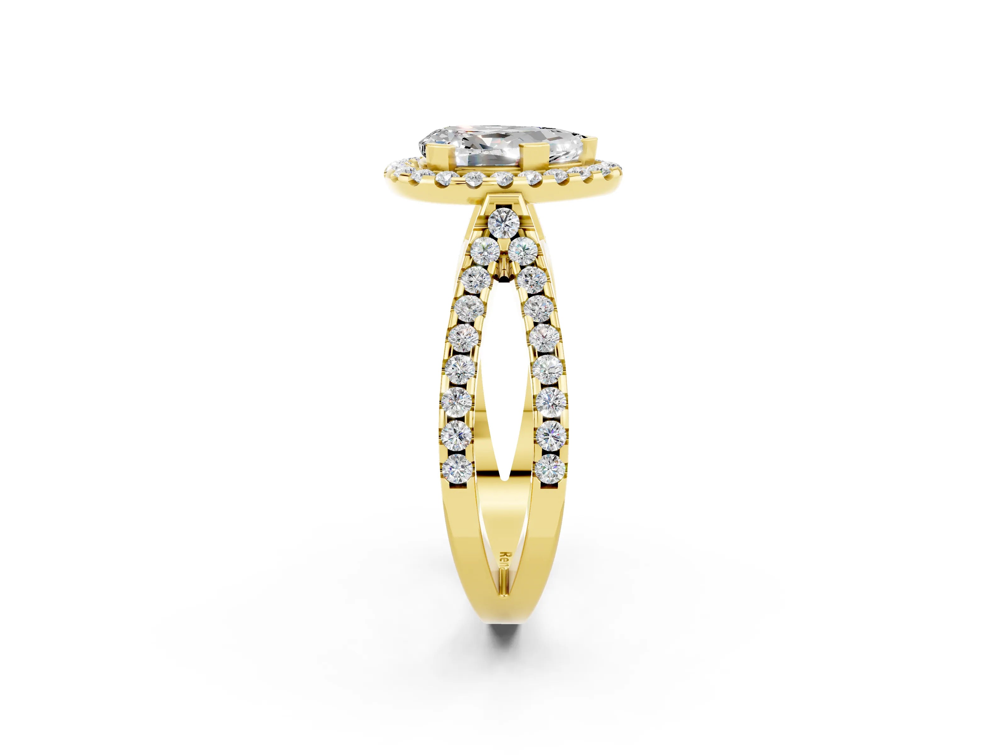 Yellow gold Pear Cut Moissanite Halo Ring with Split Shank Pavé Band and Prong Setting_2