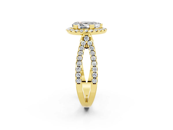 Yellow gold Pear Cut Moissanite Halo Ring with Split Shank Pavé Band and Prong Setting