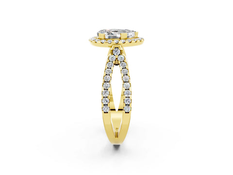 Yellow gold Pear Cut Moissanite Halo Ring with Split Shank Pavé Band and Prong Setting_2