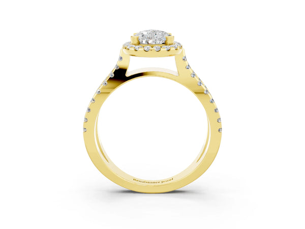 Yellow gold Pear Cut Moissanite Halo Ring with Split Shank Pavé Band and Prong Setting