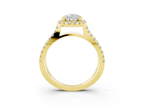 Yellow gold Pear Cut Moissanite Halo Ring with Split Shank Pavé Band and Prong Setting_3