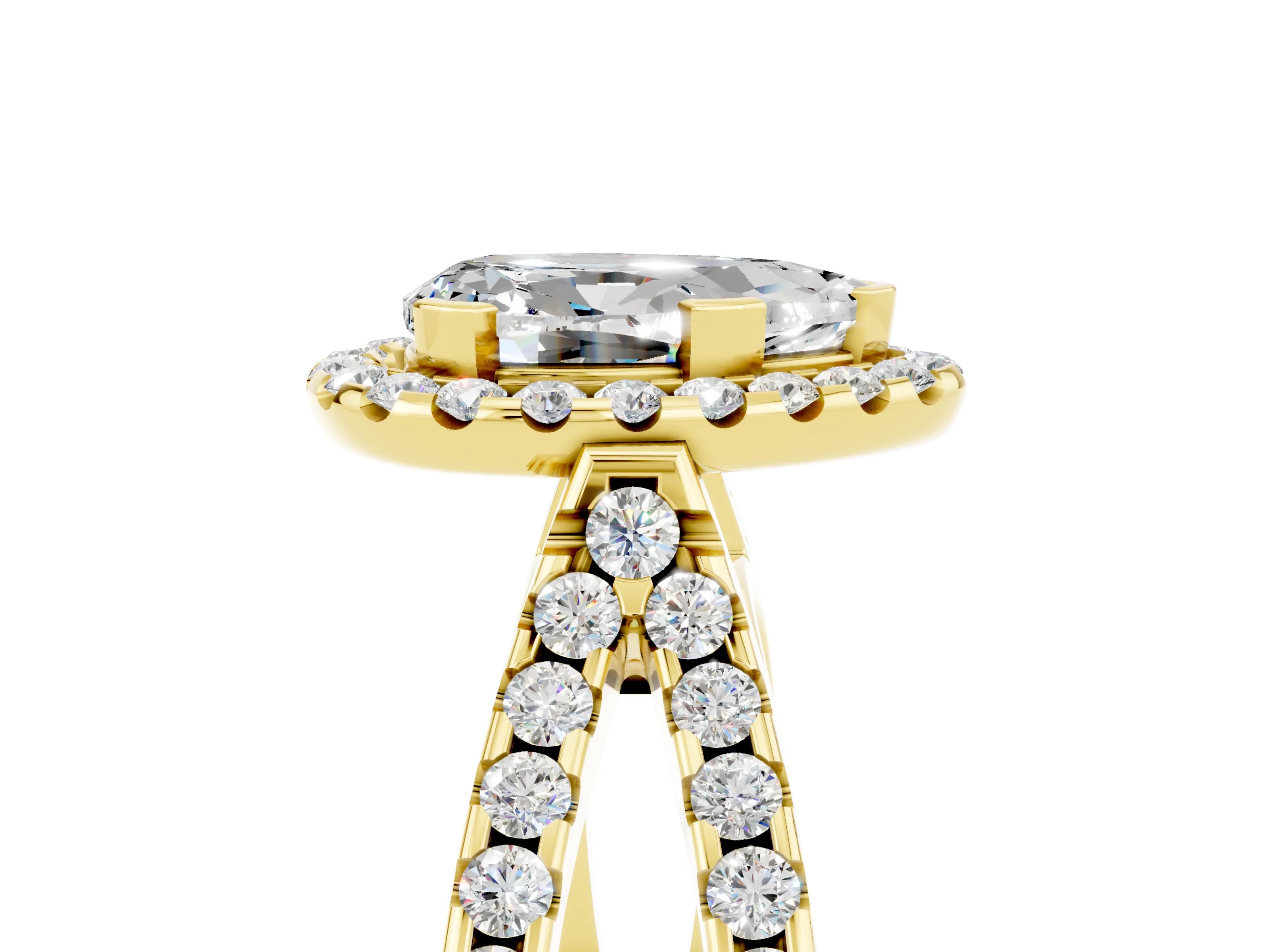 Yellow gold Pear Cut Moissanite Halo Ring with Split Shank Pavé Band and Prong Setting_5