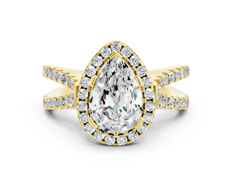 Yellow gold Pear Cut Moissanite Halo Ring with Split Shank Pavé Band and Prong Setting