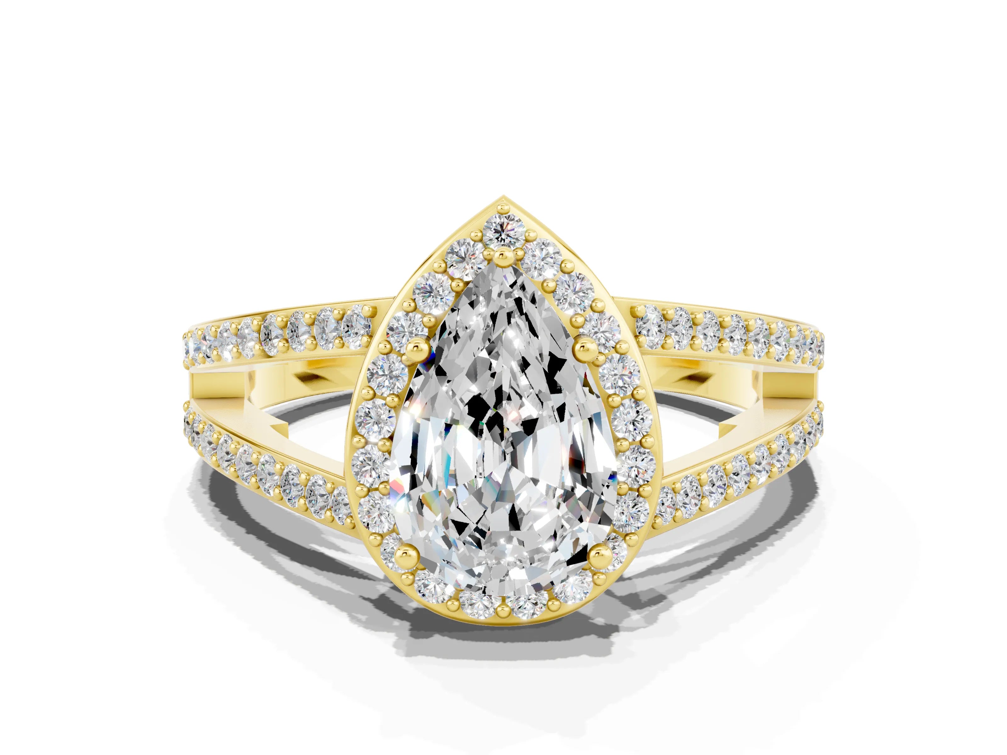 Yellow gold Pear Cut Moissanite Halo Ring with Split Shank U-Prong Band and Four-Prong Setting