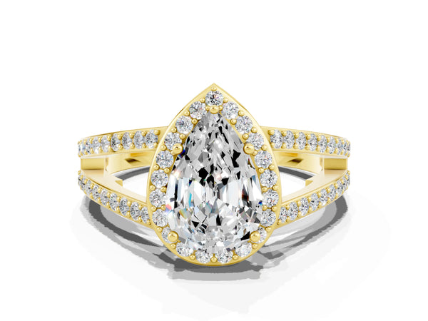 Yellow gold Pear Cut Moissanite Halo Ring with Split Shank U-Prong Band and Four-Prong Setting