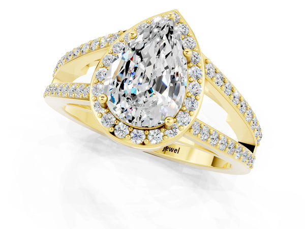 Yellow gold Pear Cut Moissanite Halo Ring with Split Shank U-Prong Band and Four-Prong Setting