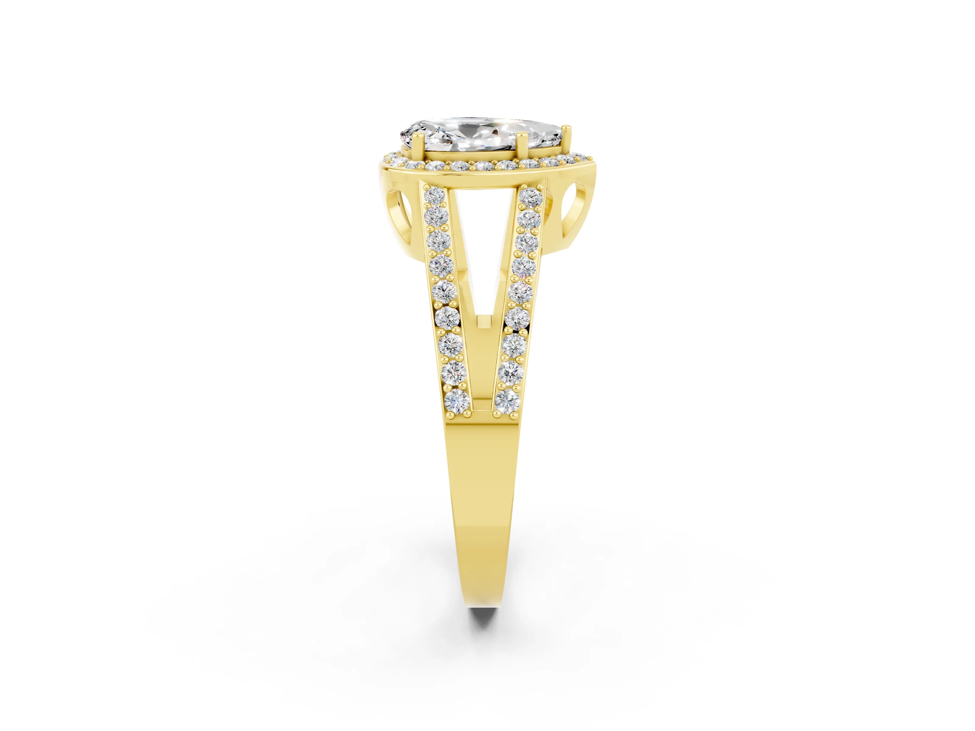 Yellow gold Pear Cut Moissanite Halo Ring with Split Shank U-Prong Band and Four-Prong Setting_2