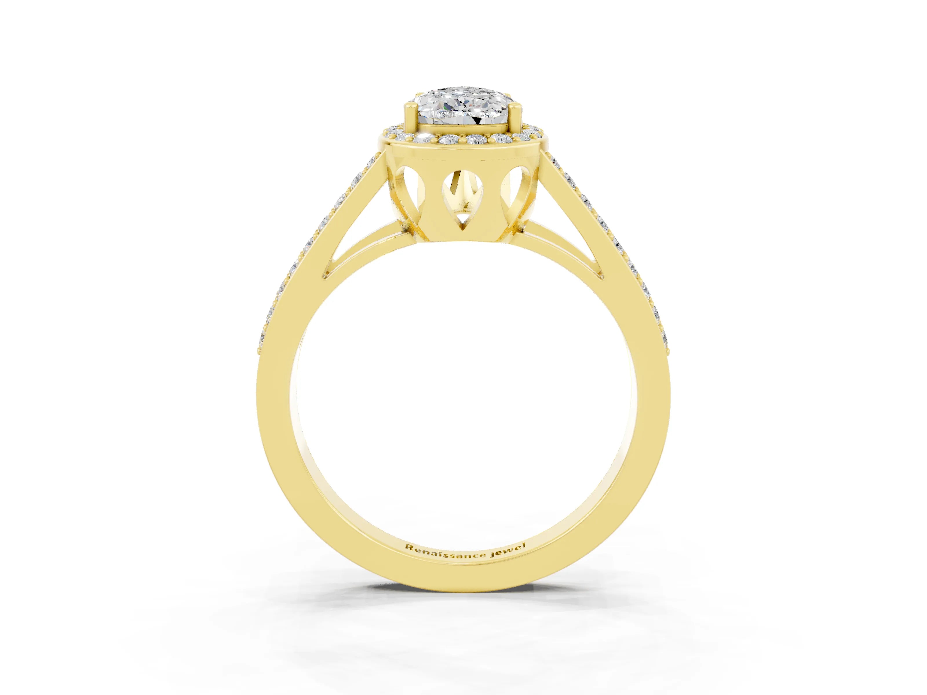Yellow gold Pear Cut Moissanite Halo Ring with Split Shank U-Prong Band and Four-Prong Setting_3