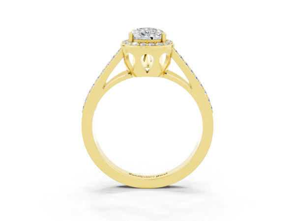 Yellow gold Pear Cut Moissanite Halo Ring with Split Shank U-Prong Band and Four-Prong Setting