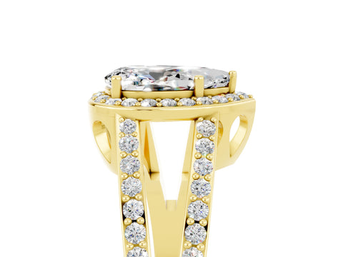 Yellow gold Pear Cut Moissanite Halo Ring with Split Shank U-Prong Band and Four-Prong Setting_5