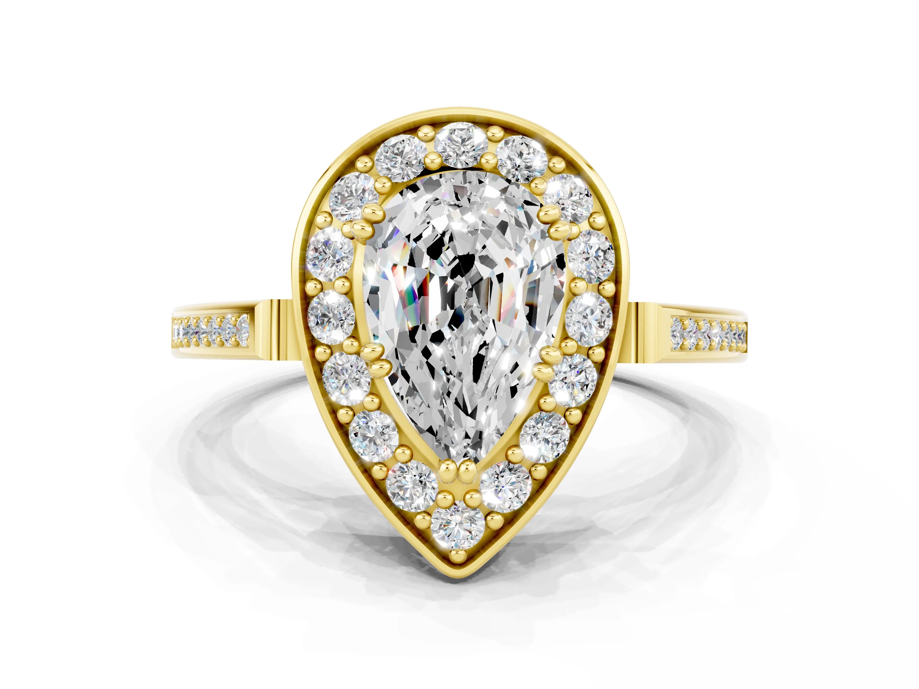 Yellow gold Pear Cut Moissanite Halo Ring with Split Shank and Four-Prong Setting