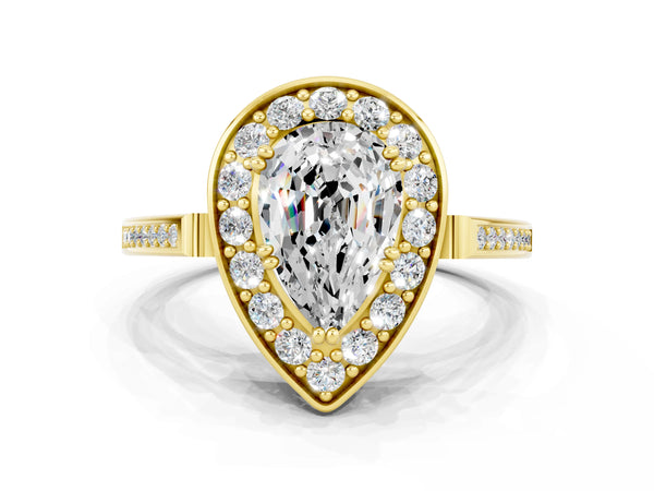 Yellow gold Pear Cut Moissanite Halo Ring with Split Shank and Four-Prong Setting