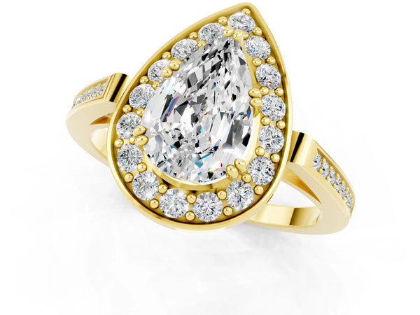 Yellow gold Pear Cut Moissanite Halo Ring with Split Shank and Four-Prong Setting