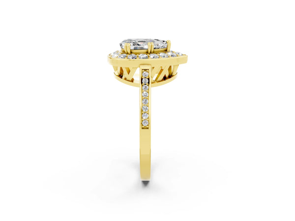 Yellow gold Pear Cut Moissanite Halo Ring with Split Shank and Four-Prong Setting