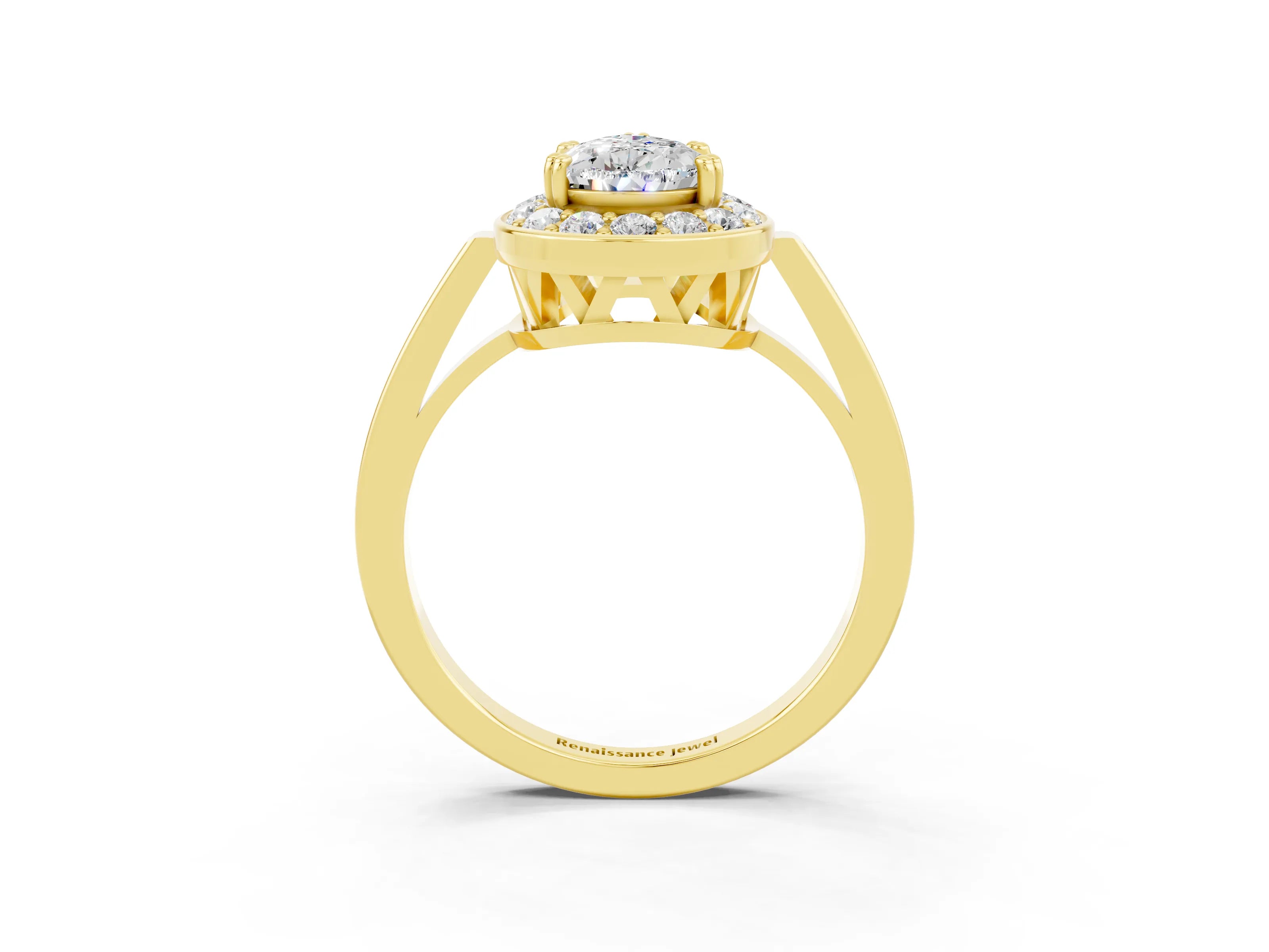 Yellow gold Pear Cut Moissanite Halo Ring with Split Shank and Four-Prong Setting_3