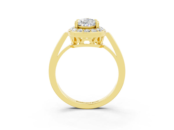 Yellow gold Pear Cut Moissanite Halo Ring with Split Shank and Four-Prong Setting