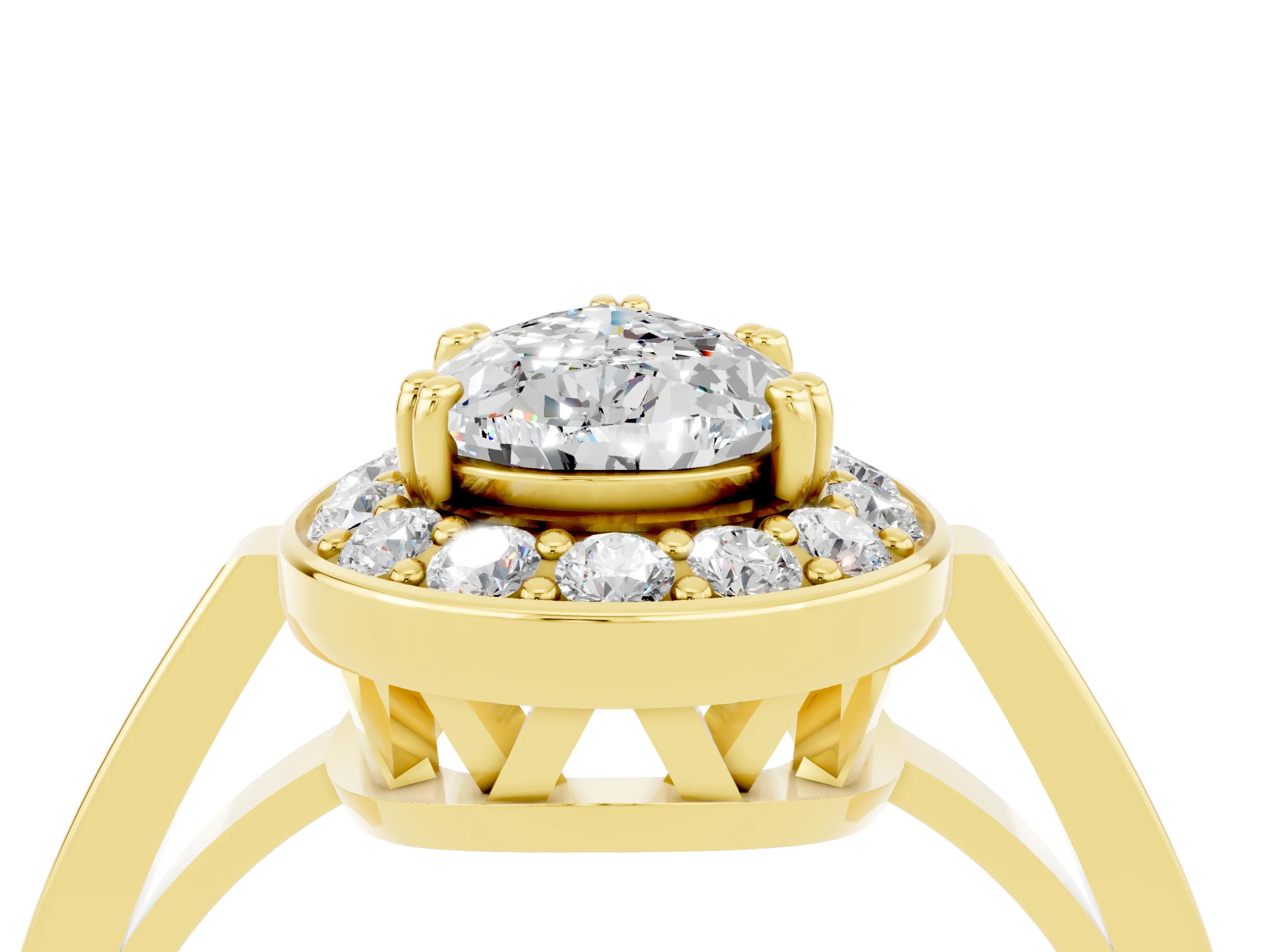 Yellow gold Pear Cut Moissanite Halo Ring with Split Shank and Four-Prong Setting_4