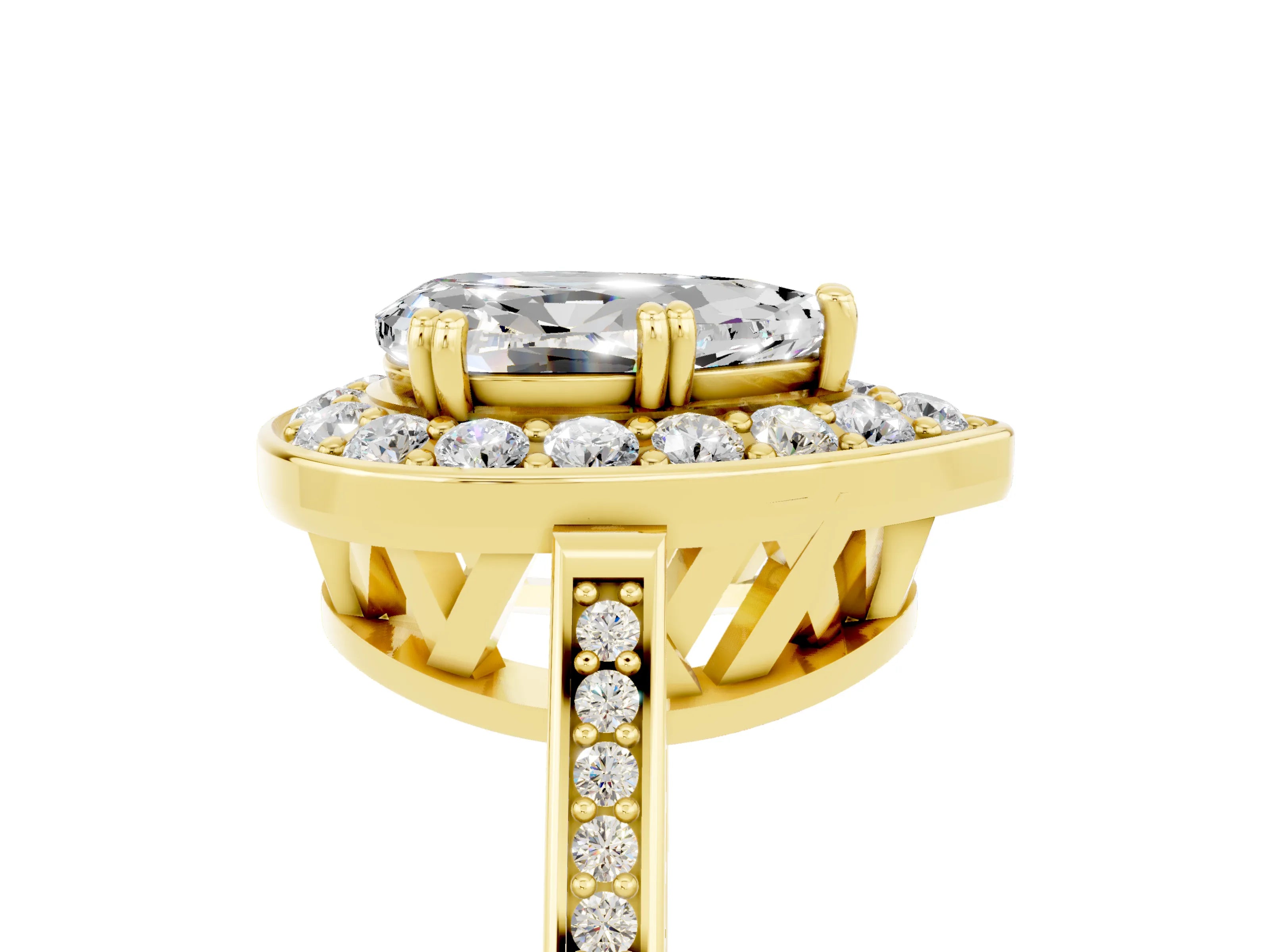 Yellow gold Pear Cut Moissanite Halo Ring with Split Shank and Four-Prong Setting_5