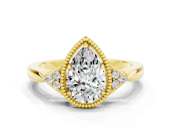 Yellow gold Pear Cut Moissanite Halo Ring with Tapered Band and Four-Prong Setting