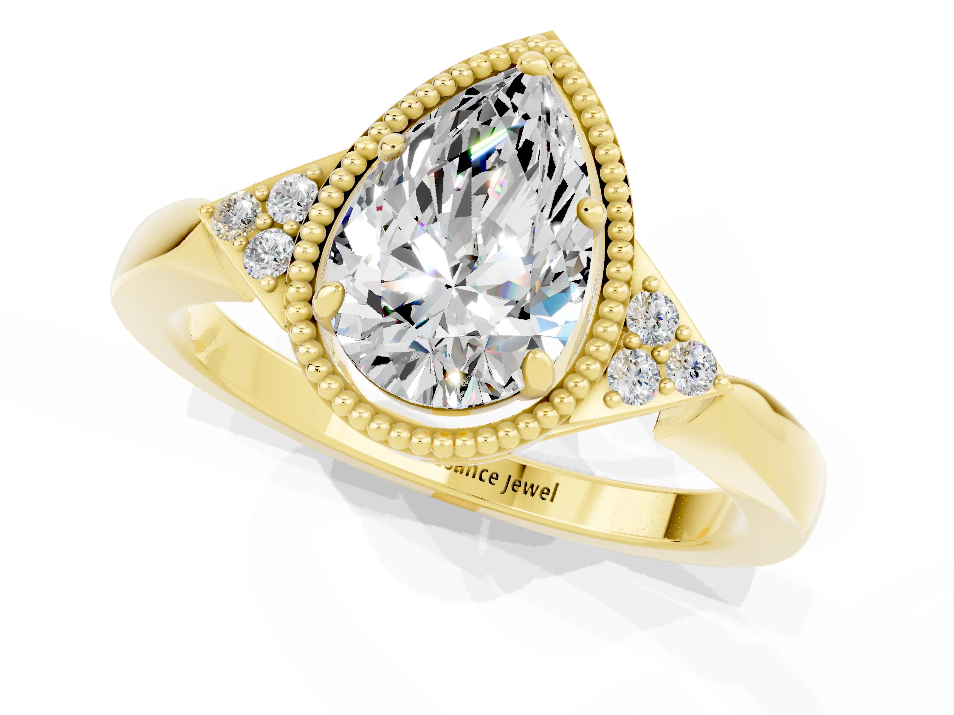 Yellow gold Pear Cut Moissanite Halo Ring with Tapered Band and Four-Prong Setting_1