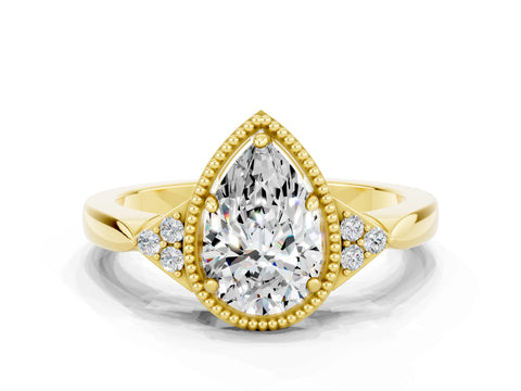 Yellow gold Pear Cut Moissanite Halo Ring with Tapered Band and Four-Prong Setting
