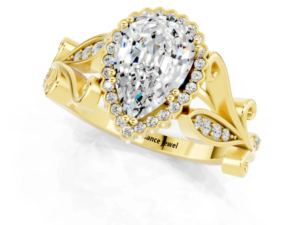 Yellow gold Pear Cut Moissanite Halo Ring with Vintage Split Shank and Four-Prong Setting