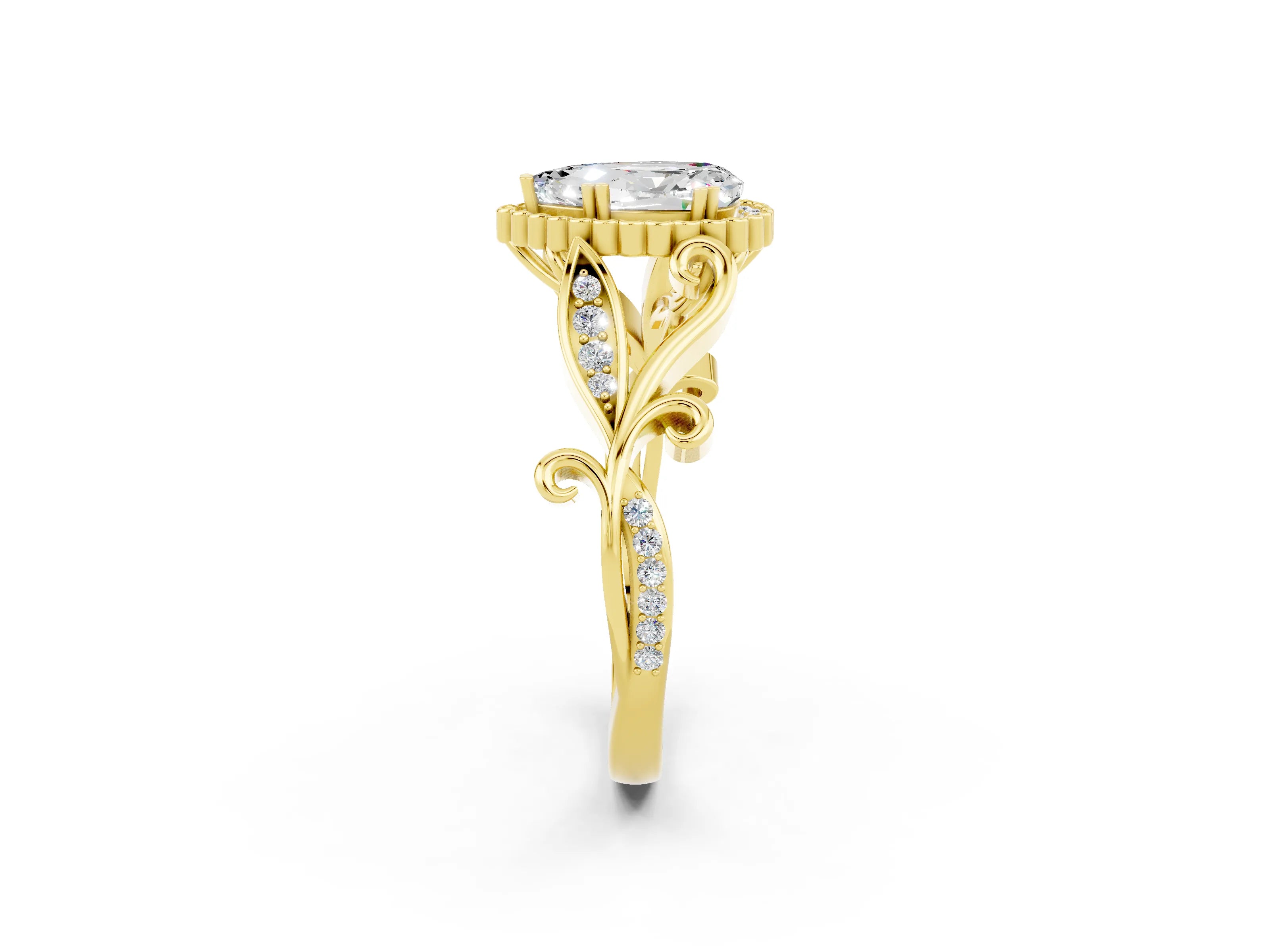 Yellow gold Pear Cut Moissanite Halo Ring with Vintage Split Shank and Four-Prong Setting_2