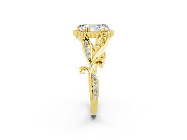 Yellow gold Pear Cut Moissanite Halo Ring with Vintage Split Shank and Four-Prong Setting