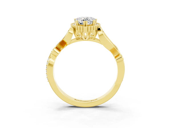 Yellow gold Pear Cut Moissanite Halo Ring with Vintage Split Shank and Four-Prong Setting