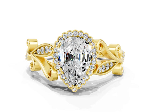 Yellow gold Pear Cut Moissanite Halo Ring with Vintage Split Shank and Four-Prong Setting