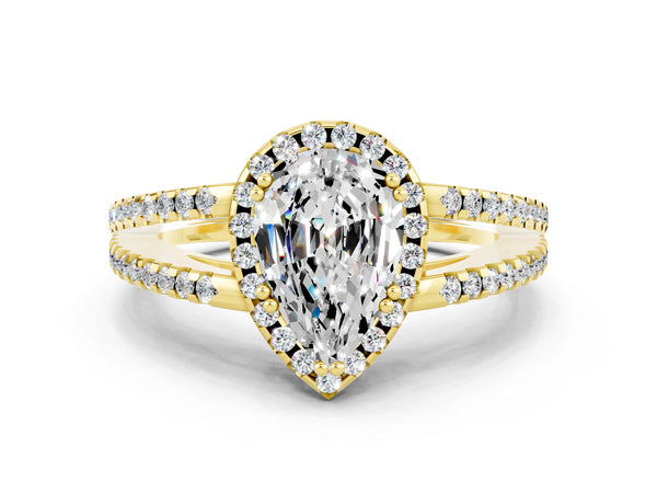 Yellow gold Pear Cut Moissanite Halo Split Shank Engagement Ring