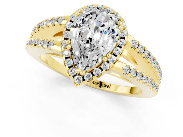 Yellow gold Pear Cut Moissanite Halo Split Shank Engagement Ring